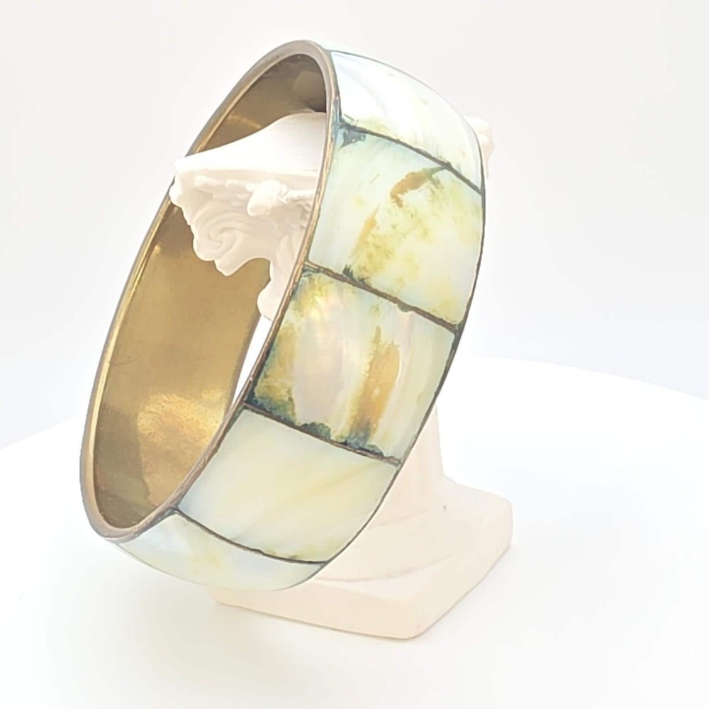 Vintage Mother Of Pearl Inlay Bracelet Wide Brass Bangle 8.5"‎ FREE $HIPPING!!